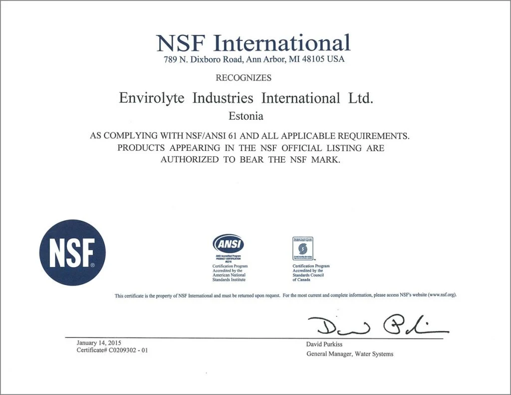 NSF International certificate recognizing Envirolyte Industries International Ltd. for compliance with NSF ANSI 61