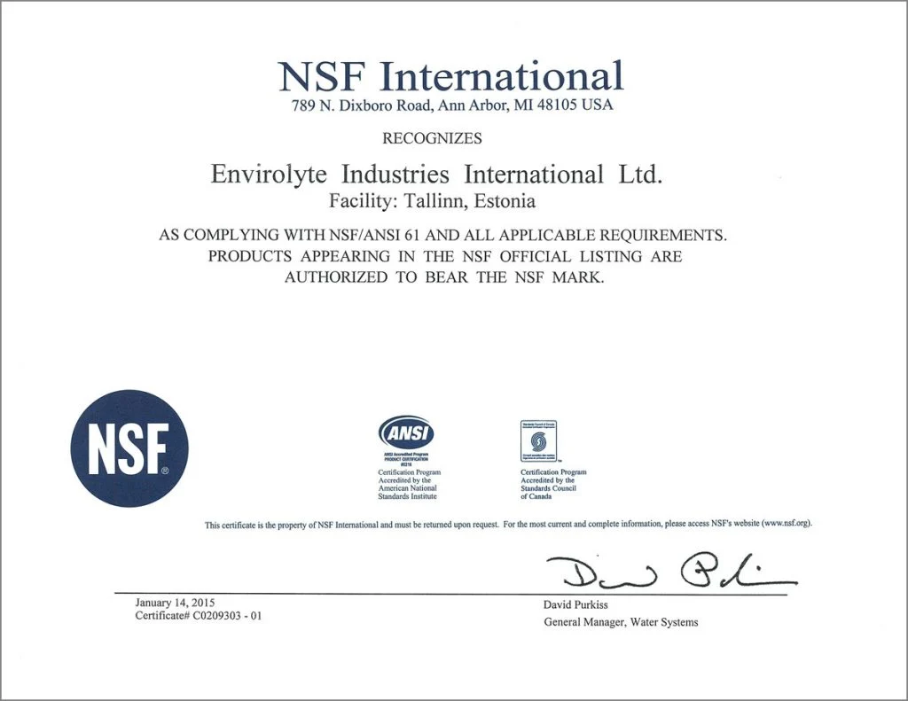 NSF International NSF ANSI 61 certificate for Envirolyte Industries International facility in Tallinn, Estonia