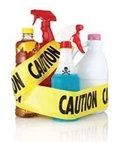 Cleaning-product containers wrapped with caution tape