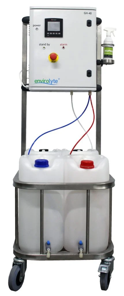 Envirolyte GH-40 anolyte catholyte generator installed on a mobile frame with premixed brine containers