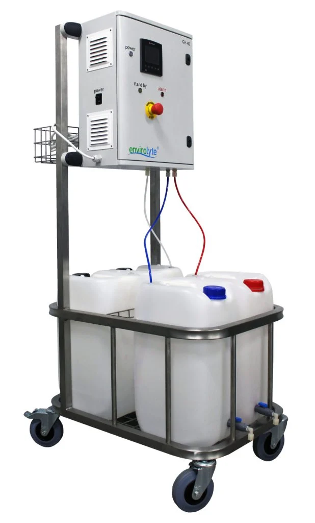 Alternative installation of Envirolyte GH-40 anolyte catholyte generator with storage containers