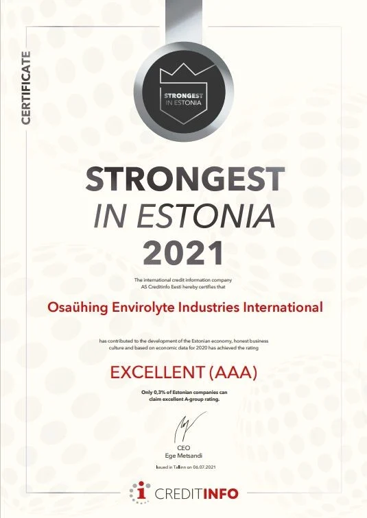 Creditinfo Strongest in Estonia 2021 certificate for Envirolyte Industries International
