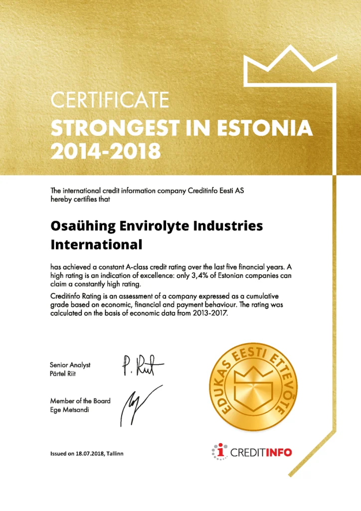 Creditinfo Strongest in Estonia 2014 to 2018 certificate for Envirolyte Industries International