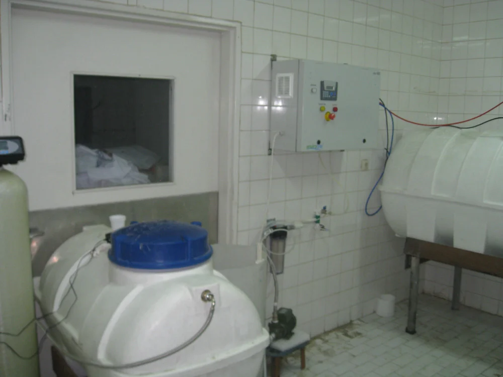 Envirolyte ELA-1200 anolyte generator, storage tanks and water-conditioning equipment installed in a hospital in Iran