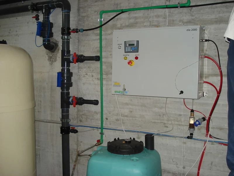 Envirolyte ELA-2000 anolyte generator installed in the technical room of a swimming pool in Italy