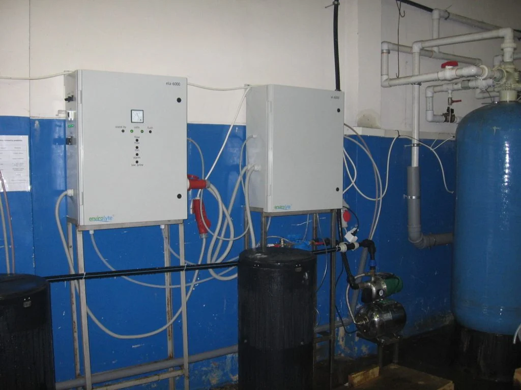 Two ELA-6000 generator cabinets with tanks, pumps and treatment pipework in Lithuania