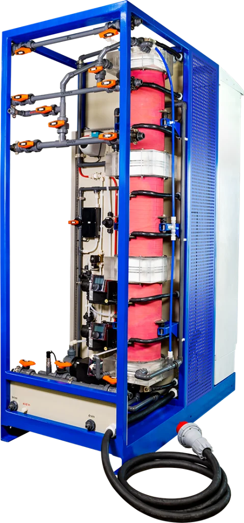 Envirolyte Modular HD generator open frame view showing electrolysis cells and process piping