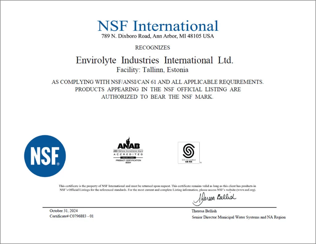 NSF International NSF ANSI CAN 61 certificate for Envirolyte Industries International, issued in 2024