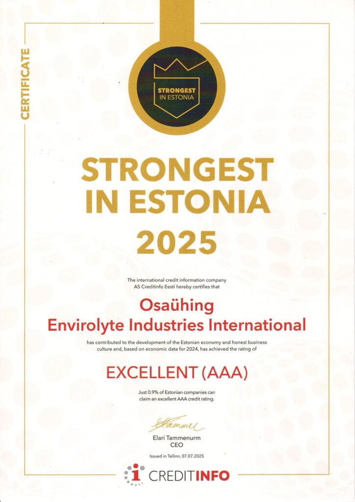 Strongest in Estonia 2021 certificate awarded to Envirolyte Industries International