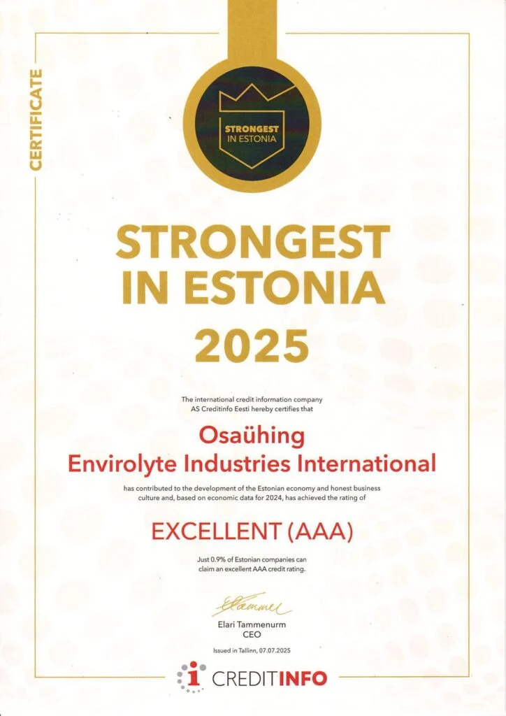 Strongest in Estonia 2021 certificate awarded to Envirolyte Industries International