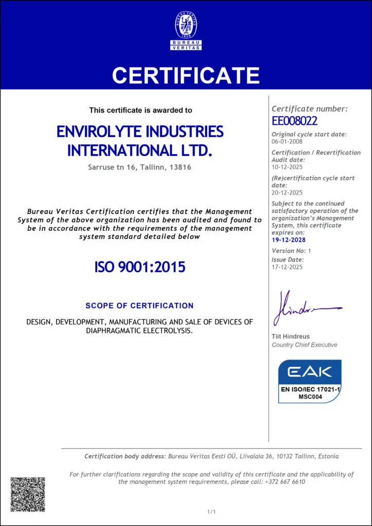 Bureau Veritas ISO 9001:2015 certificate for Envirolyte Industries International Ltd.