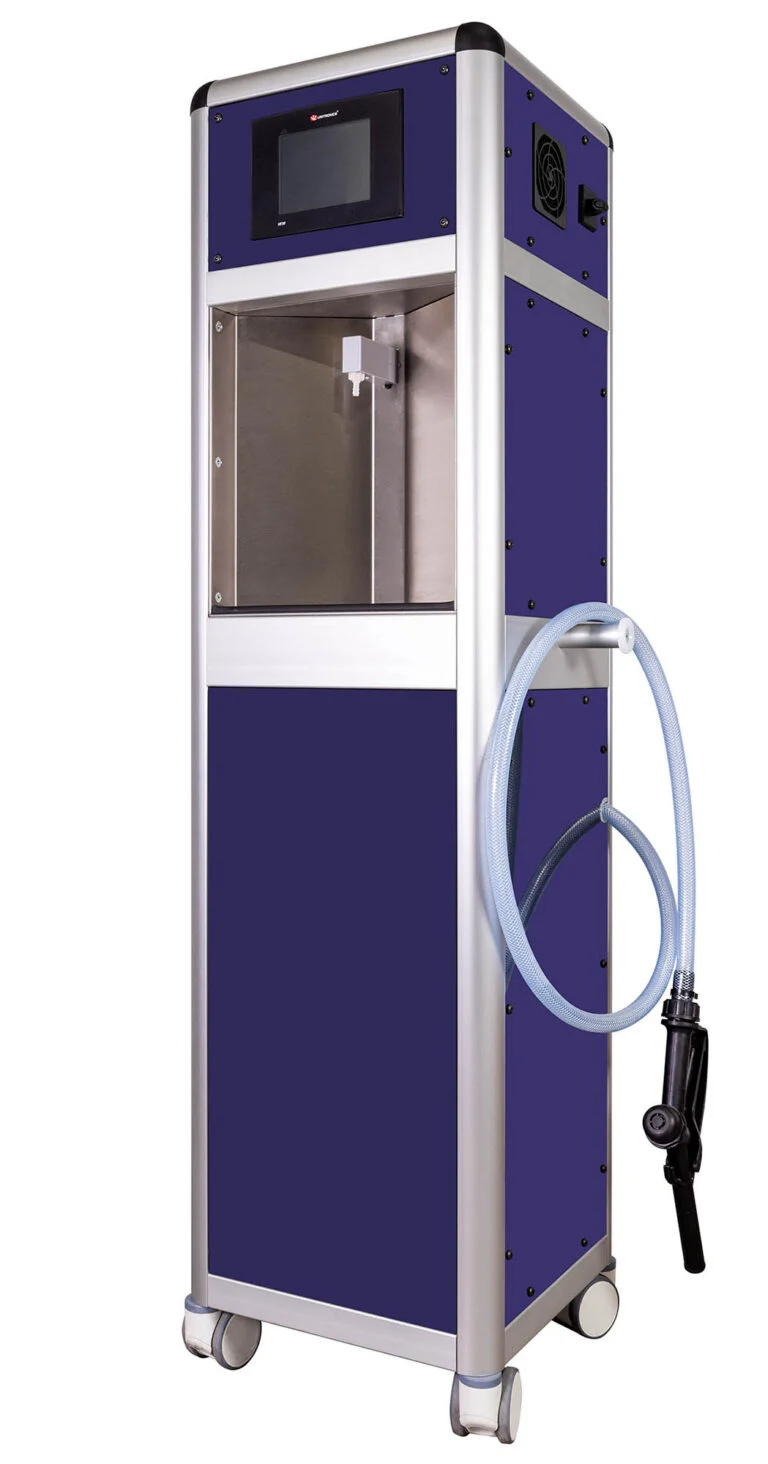 Envirolyte DesiStation-120 on-site hypochlorous acid generator with dispensing gun, side view